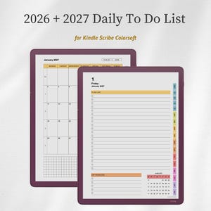 May include: A digital 2026 and 2027 daily to-do list planner for Kindle Scribe Colorsoft. The display shows a monthly calendar view for January 2027 and a daily task page with a to-do list, top priorities section, and a small monthly calendar.