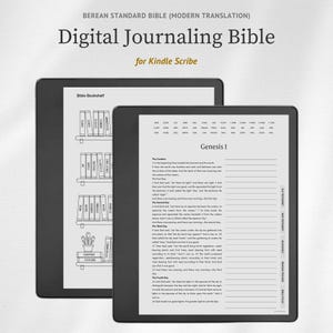 May include: A digital journaling Bible for Kindle Scribe featuring a Berean Standard Bible modern translation. The screen displays Genesis 1 text with lined writing space and a Bible bookshelf graphic with labeled book spines and navigation tabs.