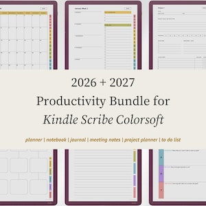 May include: A digital productivity bundle for Kindle Scribe Colorsoft featuring 2026 and 2027 planners, notebooks, journals, meeting notes, project planners, and to-do lists. The layout includes monthly calendars, weekly schedules, and goal tracking pages.
