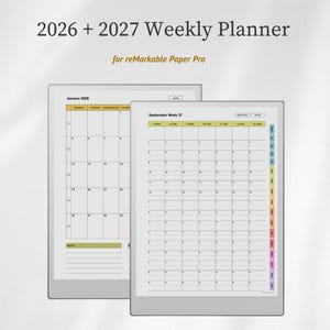 Può includere: Un'agenda settimanale digitale 2026 e 2027 per reMarkable Paper Pro. Il display mostra un calendario mensile per gennaio 2026 e un programma settimanale per la settimana 37 di settembre con schede mensili colorate sul lato destro.