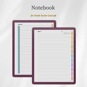 May include: Two digital notebooks with a purple border are displayed. The notebook pages are white with horizontal lines. The text "Notebook" and "for Kindle Scribe Colorsoft" are at the top. One notebook is labeled "Section 5" and the other "Notes 1".