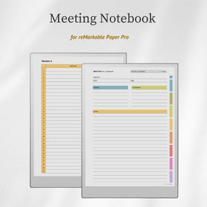 May include: A digital meeting notebook template for reMarkable Paper Pro featuring two screen views. One view shows a numbered list for section 4, while the other displays a meeting summary page with fields for subject, date, time, agenda, and notes.
