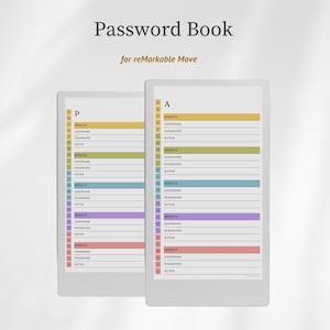 May include: Two digital password books for reMarkable Move. The books have a white background with colorful sections for website, username, password, and notes. The text "Password Book" is at the top.