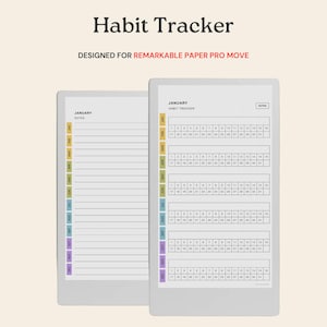 Puede incluir: Dos rastreadores de hábitos digitales para el Remarkable Paper Pro Move. Los rastreadores son blancos con un diseño de calendario y una sección de notas con líneas. Las pestañas están codificadas por colores en amarillo, verde, azul y morado. El texto "Habit Tracker" está en la parte superior.