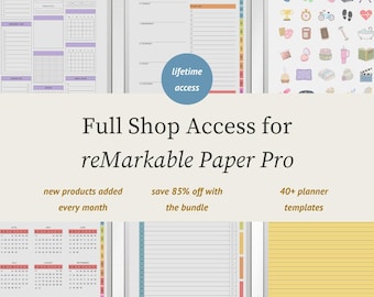 Può includere: Modelli di pianificatore digitale per reMarkable Paper Pro con layout giornalieri, settimanali e mensili, tracker delle abitudini e icone. Testo: Full Shop Access for reMarkable Paper Pro, lifetime access, 40+ planner templates.