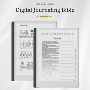 May include: A digital journaling Bible for reMarkable 2 tablets, featuring two screens displaying a bookshelf interface and a Genesis 1 text page with lined writing space. The layout includes navigation tabs for Old and New Testaments.
