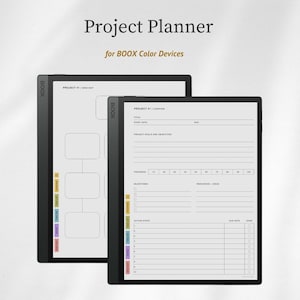 May include: Two black BOOX colour devices displaying project planner pages. The top text reads "Project Planner for BOOX Color Devices." One device shows a mind map layout, the other an overview with sections for goals, progress, and action steps.