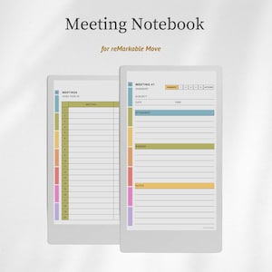 Pode incluir: Um modelo de caderno de reuniões digital para reMarkable Move com dois ecrãs. Um ecrã mostra um índice de reuniões numerado, o outro apresenta uma página de resumo com campos para assunto, data, hora, participantes, agenda e notas a cores.