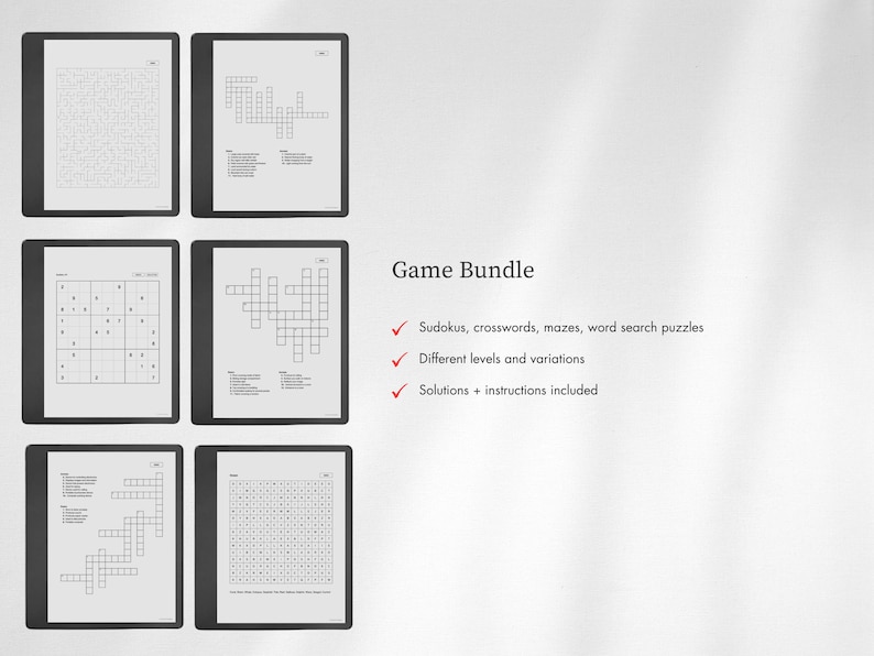 Pu&ograve; includere: Un pacchetto di giochi digitali con sei schermi di tablet che mostrano vari puzzle, inclusi labirinti, sudoku e cruciverba. Il testo recita: Game Bundle, Sudokus, crosswords, mazes, word search puzzles, Different levels and variations, Solutions + instructions included.