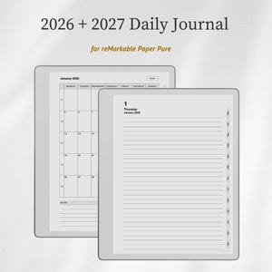 Könnte beinhalten: Ein digitales Tagesjournal für reMarkable Paper Pure mit Daten für 2026 und 2027. Das Display zeigt links eine Monatskalenderansicht für Januar 2026 und rechts eine linierte Tagesseite für den 1. Januar 2026 mit seitlichen Navigationsreitern.