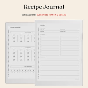 Puede incluir: Un diario de recetas digital diseñado para Supernote Manta & Nomad. El diario incluye páginas para recetas, conversiones de cocina y temperaturas del horno. El texto "Recipe Journal" está en la parte superior de la imagen.