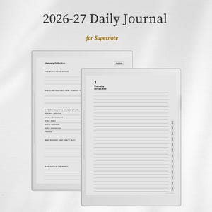 以下が含まれることがあります： Supernote用のデジタルデイリージャーナルテンプレート「2026-27 Daily Journal」。レイアウトには、目標設定と生活領域の評価を行う1月の振り返りページと、2026年1月1日木曜日の罫線入りデイリーページが含まれています。