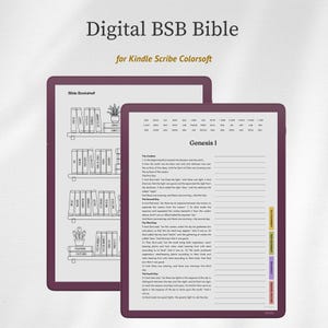 May include: Digital BSB Bible for Kindle Scribe Colorsoft. The image shows two digital tablets with a Bible theme. One tablet displays a bookshelf graphic, while the other shows the text of Genesis 1. The tablets have a dark purple border.