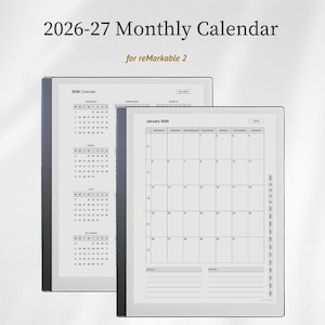 May include: Two digital tablets displaying a 2026-27 monthly calendar for reMarkable 2. The screens show a grid layout for January 2026 with sections for goals and notes, alongside a yearly overview. The devices feature a slim black frame.