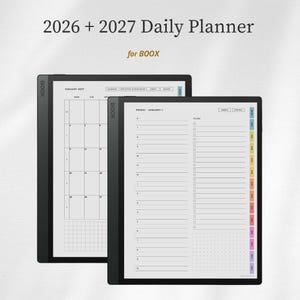 May include: A 2026 + 2027 Daily Planner for BOOX digital tablet. The screen displays a monthly calendar view and a daily schedule page with a to-do list and a colourful side tab navigation bar. The text 2026 + 2027 Daily Planner for BOOX is visible.