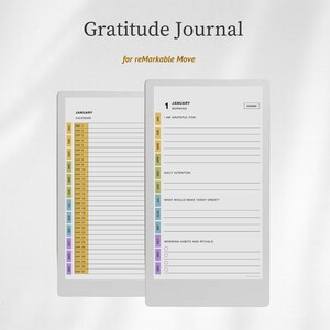 May include: A digital Gratitude Journal for reMarkable Move featuring two screen views. One screen shows a January calendar with daily entries, while the other displays a morning gratitude template with sections for intentions and daily habits.