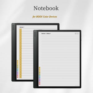 Puede incluir: Dos dispositivos BOOX negros con la palabra "Notebook" y el texto "for BOOX Color Devices" en la parte superior. Los dispositivos muestran páginas rayadas con marcadores de sección de colores. Uno muestra "Section 1" y el otro "Section 1 | Notes 1".