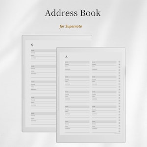 Può includere: Un modello di rubrica digitale per Supernote con un layout pulito e campi per nome, telefono, e-mail e indirizzo. L'interfaccia mostra schede alfabetiche sul lato destro e blocchi di inserimento organizzati su uno sfondo grigio chiaro.