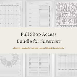 May include: A digital planner bundle for Supernote featuring various templates including a monthly calendar, weekly schedule, password tracker, budget sheet, and a coloring page with the text Every Day Is A Fresh Start, all displayed on a light background.