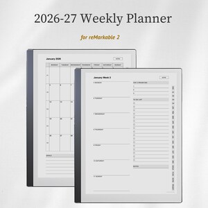 Può includere: Un'agenda settimanale 2026-27 per tablet digitali reMarkable 2. Il display mostra un calendario mensile per gennaio 2026 e un layout settimanale con sezioni per le priorità, una lista di cose da fare e note, con una barra laterale nera.
