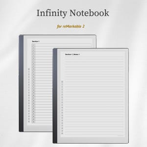 Puede incluir: Dos cuadernos digitales con páginas rayadas blancas y bordes negros. El texto "Infinity Notebook" y "for reMarkable 2" están en la parte superior. Uno muestra "Section 1" y líneas numeradas, el otro "Section 1 | Notes 1".