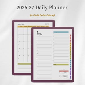 May include: Two digital planners for Kindle Scribe Colorsoft. The text "2026-27 Daily Planner" and "for Kindle Scribe Colorsoft" are at the top. One planner shows a calendar layout for January 2026, and the other shows a to-do list.