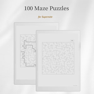 Op de afbeelding: Twee digitale tablets met doolhofpuzzels en de tekst 100 Maze Puzzles for Supernote. De schermen tonen zwart-witte doolhoven met paden en een indexknop. De apparaten hebben dunne witte randen en een rechthoekige vorm.
