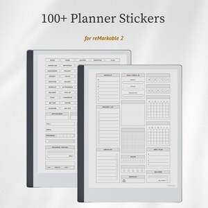 May include: Two digital tablets displaying 100+ Planner Stickers for reMarkable 2. The screens show black and white layouts with text labels like Work, Home, Workout, and Grocery List, featuring various trackers, checklists, and calendar grids.