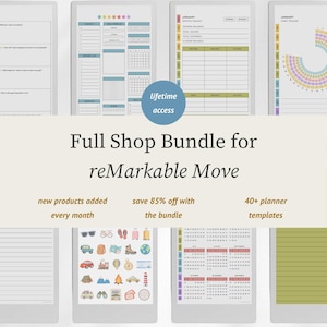May include: A digital planner bundle for reMarkable Move featuring over 40 templates, including goal trackers, monthly budgets, habit trackers, and sticker sheets with travel icons. The text reads Full Shop Bundle for reMarkable Move.