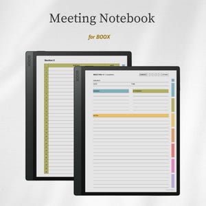 Puede incluir: Un cuaderno de reuniones digital para tabletas de tinta electrónica BOOX con dos dispositivos negros que muestran plantillas de reuniones organizadas. Las pantallas muestran diseños con líneas y secciones para asunto, fecha, hora, agenda, asistentes y notas, además de pestañas de colores.