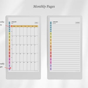 Puede incluir: Dos p&aacute;ginas de planificador digital tituladas Monthly Pages. La p&aacute;gina izquierda muestra una cuadr&iacute;cula de calendario de enero con opciones de inicio en lunes y domingo. La derecha es una secci&oacute;n de notas con pesta&ntilde;as de meses.