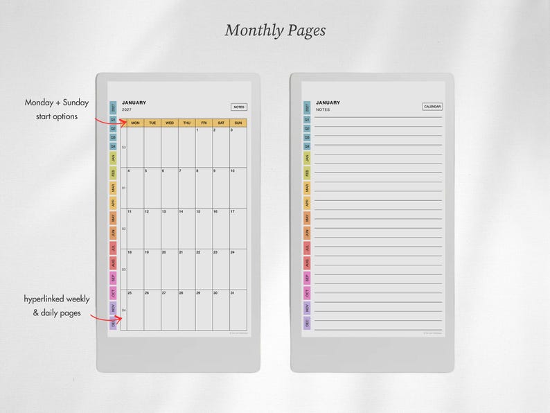 Puede incluir: Dos p&aacute;ginas de planificador digital tituladas Monthly Pages. La p&aacute;gina izquierda muestra una cuadr&iacute;cula de calendario de enero con opciones de inicio en lunes y domingo. La derecha es una secci&oacute;n de notas con pesta&ntilde;as de meses.