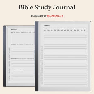 May include: Two digital tablets displaying Bible study journal pages. The text "Bible Study Journal" is at the top, with "Designed for Remarkable 2" below. One tablet shows a SOAP method layout, the other a Genesis 1 layout.