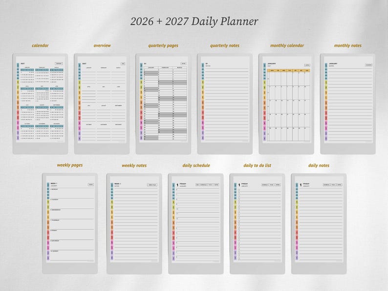 Puede incluir: Un planificador diario 2026 + 2027 con once plantillas de p&aacute;gina distintas que incluyen calendario, resumen, p&aacute;ginas trimestrales, notas trimestrales, calendario mensual, notas mensuales, p&aacute;ginas semanales, notas semanales, horario diario, lista de tareas y notas diarias con un &iacute;ndice lateral de colores.