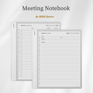 May include: Two white Meeting Notebooks for BOOX Devices are shown. The notebooks have the word "BOOX" printed on the side. The top of the image has the words "Meeting Notebook" and "for BOOX Devices". The notebooks have lined pages.