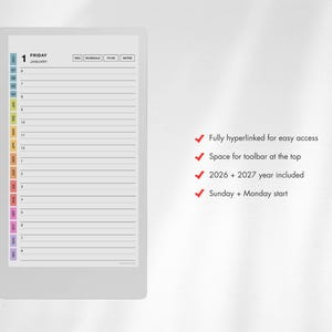 Puede incluir: Una p&aacute;gina de planificador diario digital con la fecha viernes 1 de enero, l&iacute;neas horarias de 6 a 8 y un &iacute;ndice vertical de pesta&ntilde;as mensuales codificadas por colores. El texto incluye: Fully hyperlinked for easy access, Space for toolbar at the top, 2026 + 2027 year included, Sunday + Monday start.