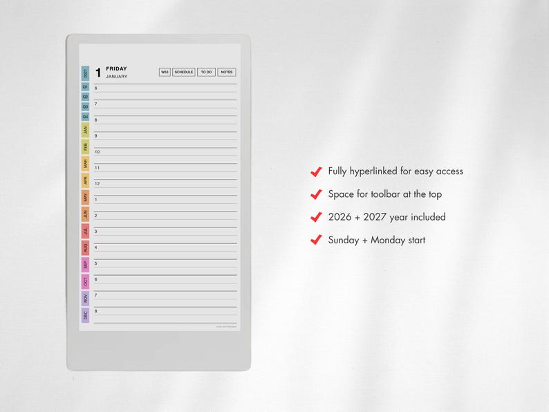 Puede incluir: Una p&aacute;gina de planificador diario digital con la fecha viernes 1 de enero, l&iacute;neas horarias de 6 a 8 y un &iacute;ndice vertical de pesta&ntilde;as mensuales codificadas por colores. El texto incluye: Fully hyperlinked for easy access, Space for toolbar at the top, 2026 + 2027 year included, Sunday + Monday start.