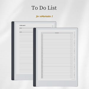 Może przedstawiać: Dwa tablety cyfrowe wyświetlające To Do List dla reMarkable 2. Ekrany mają białe tło z czarnym tekstem, poziomymi liniami, ponumerowanymi wierszami od 1 do 30 oraz polami wyboru. Urządzenia posiadają ciemnoszarą ramkę boczną i jasnoszary korpus.