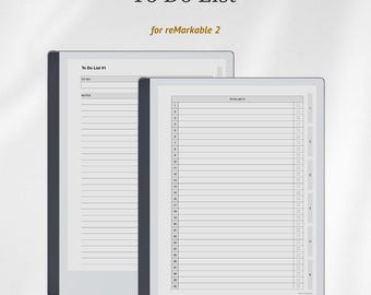 以下が含まれることがあります： reMarkable 2用のTo Do Listを表示した2台のデジタルタブレット。画面は白地で、黒いテキスト、水平線、1から30までの番号付き行、チェックボックスが表示されています。デバイスにはダークグレーのサイドベゼルとライトグレーのフレームがあります。