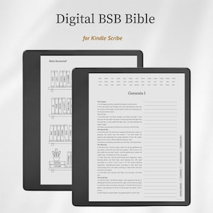 May include: Two black e-readers showing Bible content. One displays a bookshelf graphic, the other shows Genesis 1. Text at the top reads "Digital BSB Bible for Kindle Scribe."
