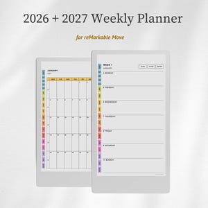 May include: A 2026 and 2027 weekly planner for reMarkable Move digital tablets. The display shows a monthly calendar view for January 2027 on the left and a weekly schedule view on the right, both featuring colourful side navigation tabs.