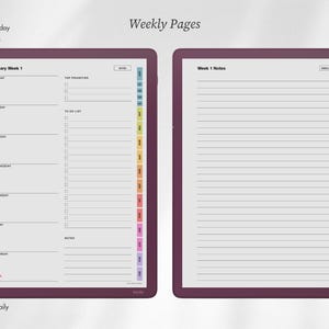 May include: Digital weekly planner pages displayed on two screens with dark purple borders. The left page shows a weekly schedule with Sunday through Saturday, top priorities, and a to-do list. The right page features lined notes.