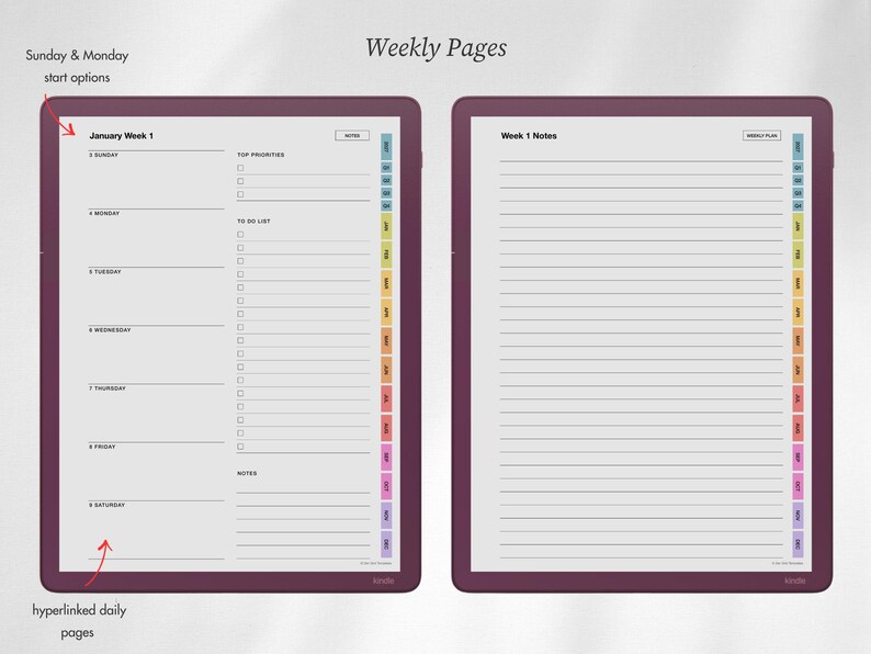 May include: Digital weekly planner pages displayed on two screens with dark purple borders. The left page shows a weekly schedule with Sunday through Saturday, top priorities, and a to-do list. The right page features lined notes.