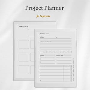 Op de afbeelding: Twee digitale projectplanners voor Supernote. De eerste planner toont een mindmap-indeling, terwijl de tweede een overzicht toont met secties voor titel, startdatum, doelen, mijlpalen en actiestappen. De planners zijn wit met zwarte tekst.