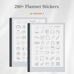 May include: Two digital tablets displaying 280+ Planner Stickers for reMarkable 2. The screens show grids of black and white line art icons including food, office supplies, technology, and navigation symbols with category tabs at the top.