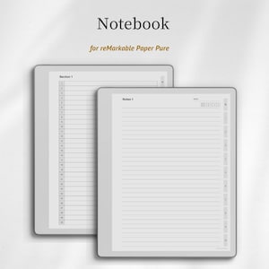 May include: A digital notebook template for reMarkable Paper Pure featuring two screen views. One view displays a numbered list from 1 to 30 under the heading Section 1. The other view shows a lined page titled Notes 1 with a date field and numbered tabs.
