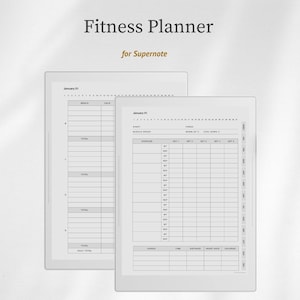 Op de afbeelding: Een digitale Fitness Planner voor Supernote met twee witte tabletschermen die sjablonen voor training- en maaltijdregistratie weergeven. De lay-outs bevatten kolommen voor oefeningen, sets, herhalingen, cardio, tijd, afstand, hartslag en calorieën.