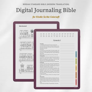 May include: A digital journaling Bible for Kindle Scribe Colorsoft featuring a Berean Standard Bible text. The display shows a bookshelf interface with book titles and a Genesis 1 page with lined writing space and colored navigation tabs.