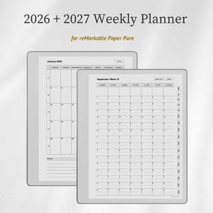 Könnte beinhalten: Ein digitaler 2026 + 2027 Wochenplaner für reMarkable Paper Pure. Die Anzeige zeigt zwei Tablet-Bildschirme nebeneinander, mit einer Monatskalenderansicht für Januar 2026 auf der linken Seite und einem Wochenplan für September Woche 37 auf der rechten Seite.