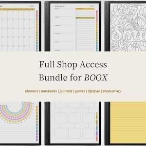 May include: A digital bundle for BOOX devices featuring various templates including a monthly calendar, weekly planner, coloring page with the text 'Smile', circular tracker, grid layout, and lined yellow paper, all displayed on tablet screens.